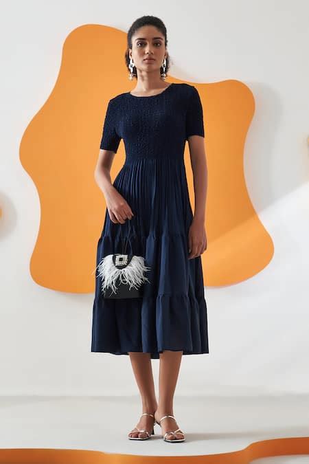 Buy Blue Crepe Solid Round Aesha Plain Crushed Midi Dress For Women by ...