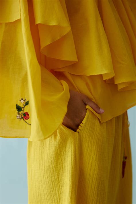 Nikasha - Yellow Hand Embroidered Chilli Applique Frill Top - Elahe