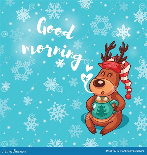 Good Morning. Holiday Card with Cute Cartoon Deer in Nightcap Stock ...