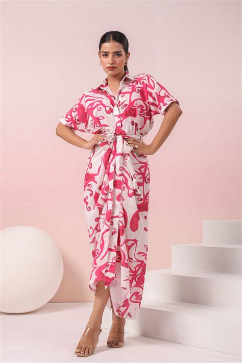 PINK AND WHITE PRINTED SHIRT MAXI DRESS