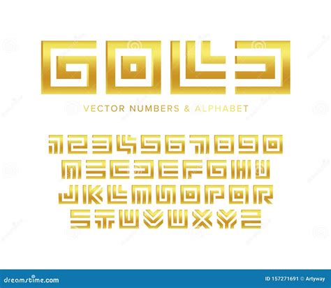 Gold Letters and Numbers Set. Geometric Maze Golden Jewel Style Vector Latin Alphabet Stock ...