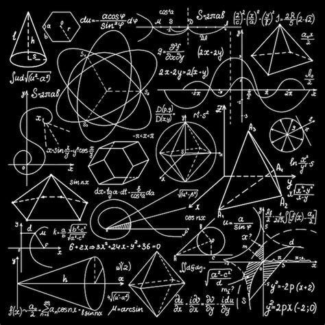 Blackboard with mathematical and geometrical thin line formulas ...