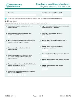 UK Residence and Remittance Basis Form 2014 - Blank Fillable Template ...