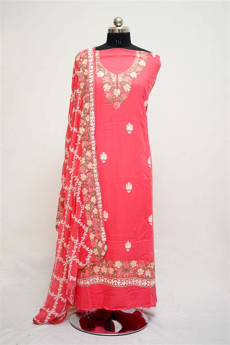 Dark pink aari work salwar kameez with neckline pattern and designer