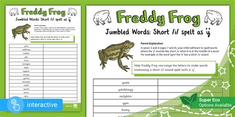 Freddy Frog Jumbled Words: Short /i/ spelt as 'y'