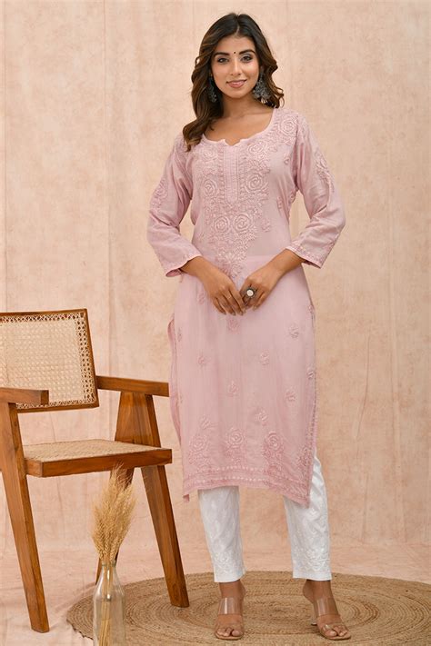 Onion Pink Chikankari Linen Cotton Straight Kurta