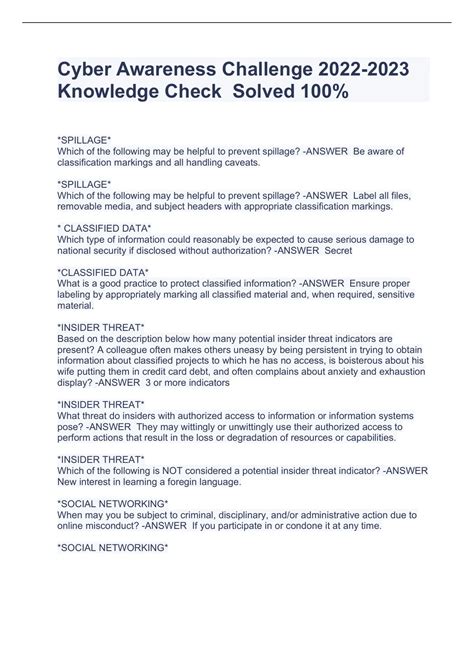 Cyber Awareness Challenge Knowledge Check Solved 100% - Cyber Awareness ...