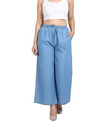 Buy Shirpav Women's Denim Cotton Palazzo Pants, Light Blue | Regular ...