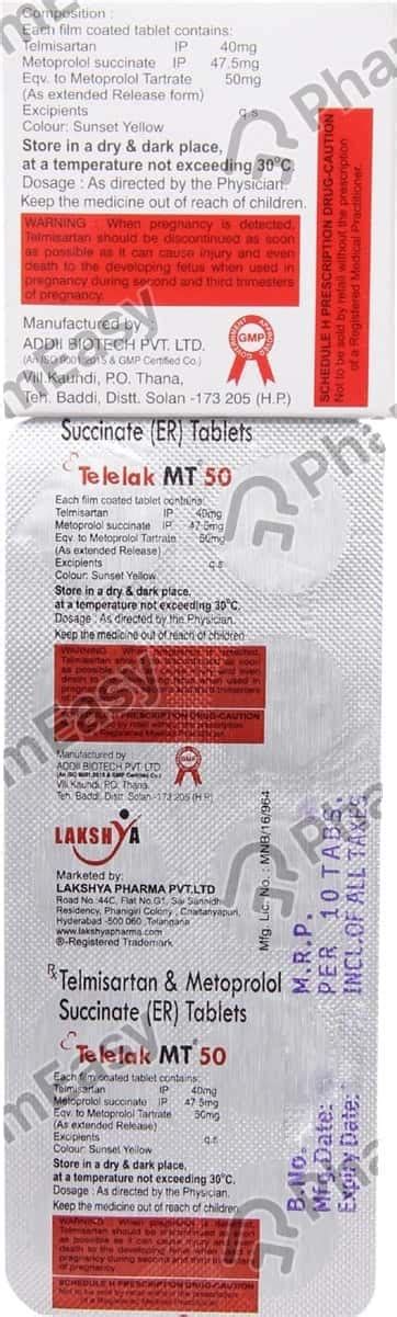 Telelak Mt 50mg Strip Of 10 Tablets: Uses, Side Effects, Price & Dosage ...