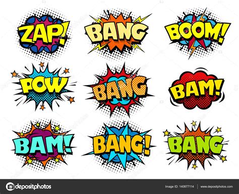 Comic book speech bubbles, crash and bang sounds — Stock Vector © Azamatovic #140877114