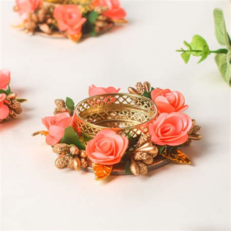 Peach Rose Tea Light Holder Set Of 6 Online - Premium Candle Holder ...
