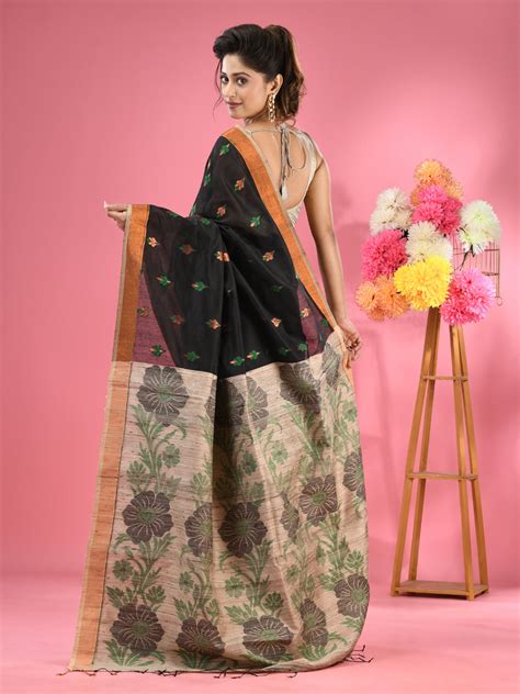 Black Cotton Blend Handwoven Saree With Jute Weaving Pallu – Charukriti