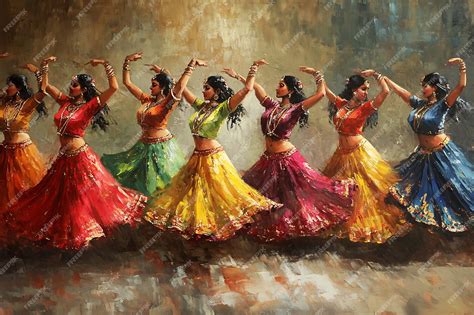 A colorful dance indian women in traditional dress performing a ...