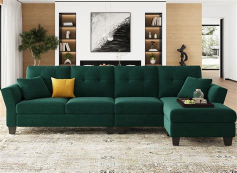 Amazon.com: Belffin Convertible Sectional Couch Velvet L Shaped Sofa 4 Seat Sofa with Chaise L ...