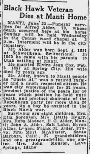 Obituary of Black Hawk War Veteren: Alfred Alder in the Deseret News 23 ...