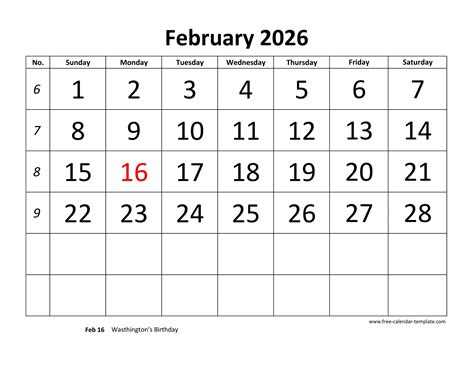 February 2026 Calendar designed with large font (horizontal) | Free ...