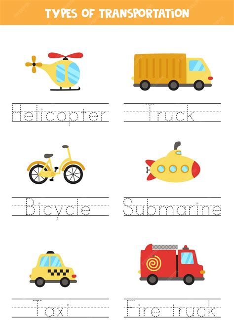 Tracing names of transportation means writing practice | Premium Vector