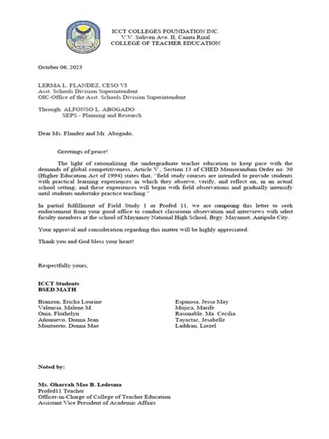 Image result for Example of Letter for Observation