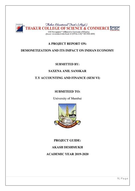 Demonetization AND ITS Impact ON Indian Economy - 1 | P a g e A PROJECT ...