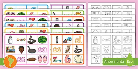 Lotería con las sílabas sa, se, si, so, su