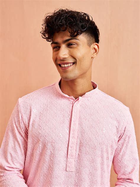 Men's Pink Chikankari Kurta Cream Pant | VASTRAMAY – vastramay