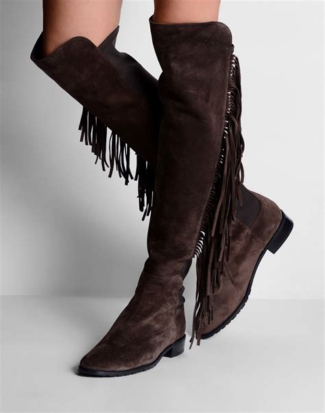 Stuart weitzman Fringed Suede Boots in Brown (Dark brown) | Lyst