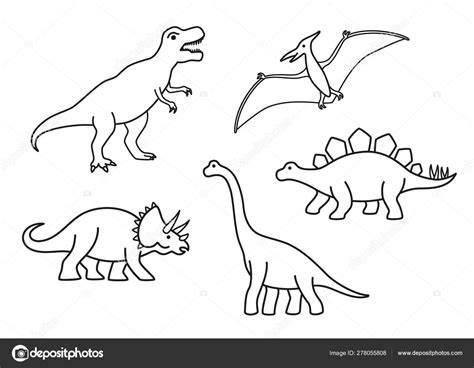 Vector outline dinosaurs - T-rex, Brachiosaurus, Pterodactyl, Triceratops, Stegosaurus. Cute ...