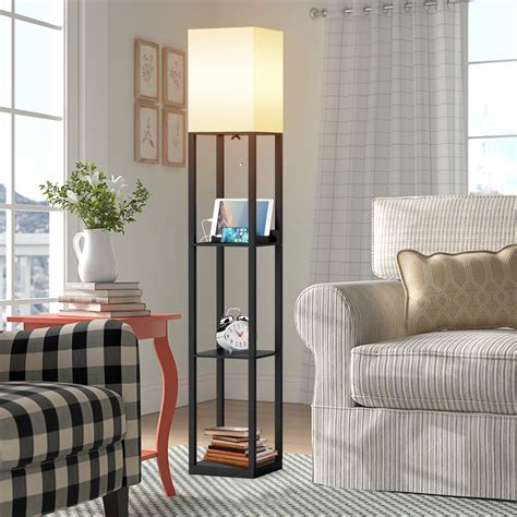 Ebern Designs Column Floor Lamp Vax With Shelves, Solid Wood, Usb Ports ...