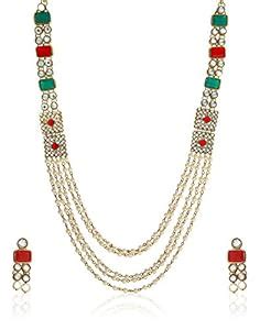 Buy ZAVERI PEARLS Long Five Layer Kundan & Pearl Bead Necklace Set for ...