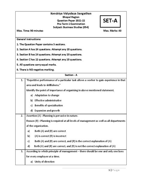 Business Std QP Set-1 - Kendriya Vidyalaya Sangathan Bhopal Region ...