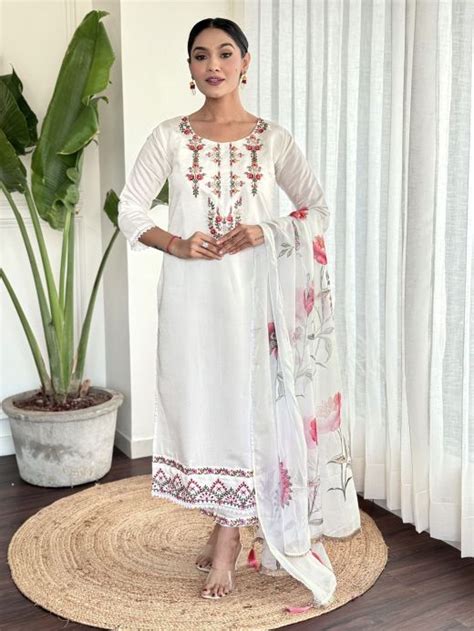 Buy White Floral Printed Organza Event Wear Anarkali Suit From Ethnic Plus