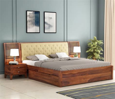 Budhakish Solid Sheesham Wood Queen Size Bed with Set of 2 Bedside ...