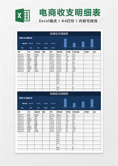 蓝色商务电商收支明细表Excel模板下载_熊猫办公