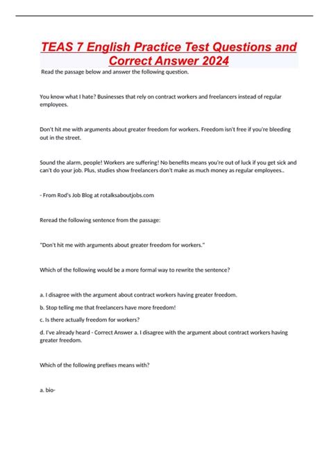 TEAS 7 English Practice Test Questions and Correct Answer 2024 - ATI ...