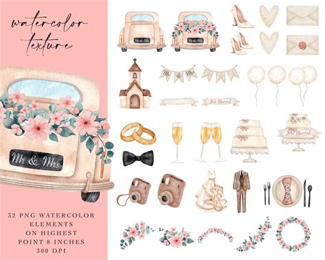 Wedding Watercolor Clipart Set, Wedding Cars, Wedding Illustration Png ...