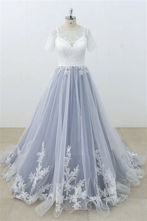 Blue Gray Tulle Romantic Bohemian Wedding Dresses 2020 | Short sleeve wedding dress, Short lace ...