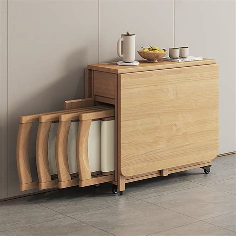 Solid Wood Folding Dining Table and Chair Set, Home Retractable Dining ...