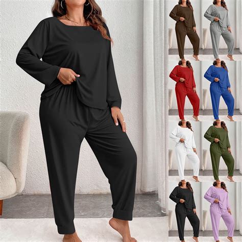 Zorckvet Plus Size Pajama Sets for Women 2 Piece Crew Neck Long Sleeve ...