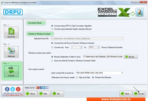 Screenshots of Excel to Windows contacts converter software convert ...