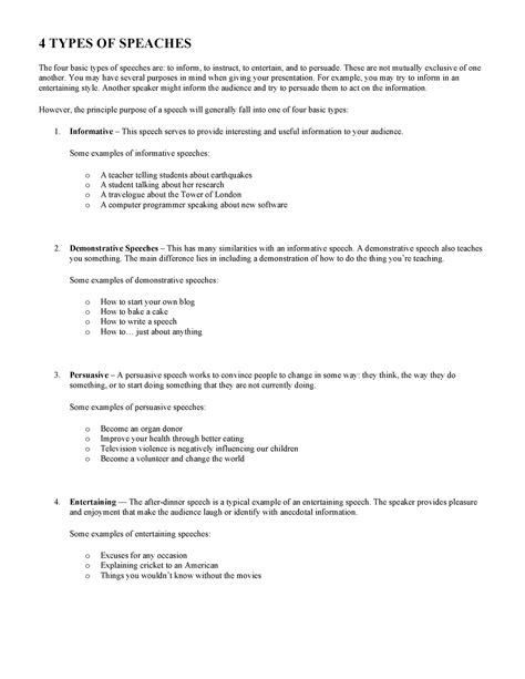 Types of speeches - Notes - 4 TYPES OF SPEACHES The four basic types of ...