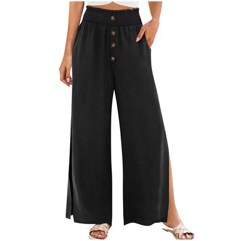 FAIWAD Women Summer Pants Flowy Split Wide Leg Pants Casual Elastic ...
