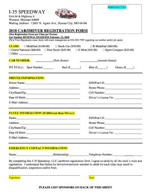 Fillable Online 2018 Driver Registration Form - I-35 Speedway Fax Email ...