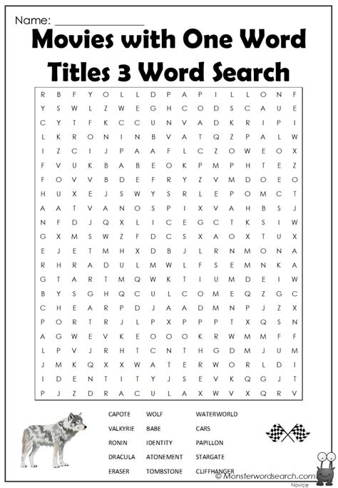 Movies with One Word Titles 3 Word Search- Monster Word Search