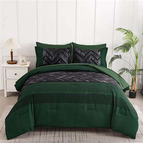 Luxudecor Emerald Green Comforter Set Queen Size, 7 Pieces Stripe ...