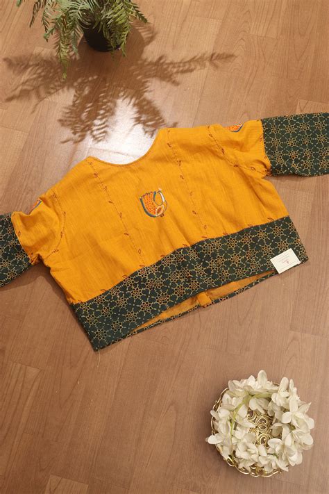 Stylish Yellow & Green Ajrakh Block Printed Blouse