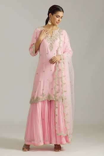 Buy Pink Georgette, Net Cut Work, Sequins Split Floral Embroidered ...