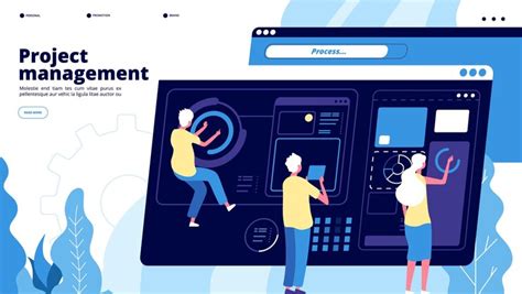 Project management landing. tiny guys manage charts on dashboard ...