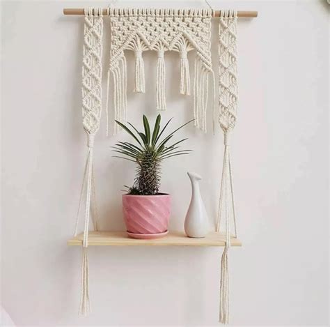 Decazone ® Macrame Wall Hanging Shelf Wood Floating Shelves with Wooden ...