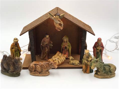 Vintage Nativity set with Wooden Crèche, Hand painted Figurines made in ...