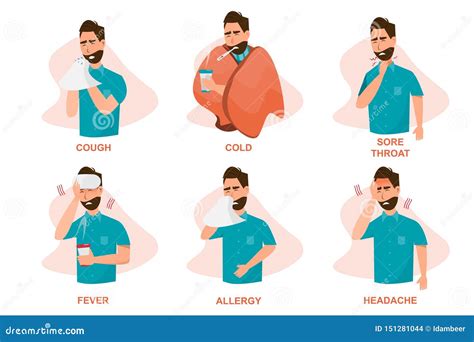 Set of Sick People Feeling Unwell, Cough, Having Cold, Sore Throat, Fever, Allergy and, Headache ...